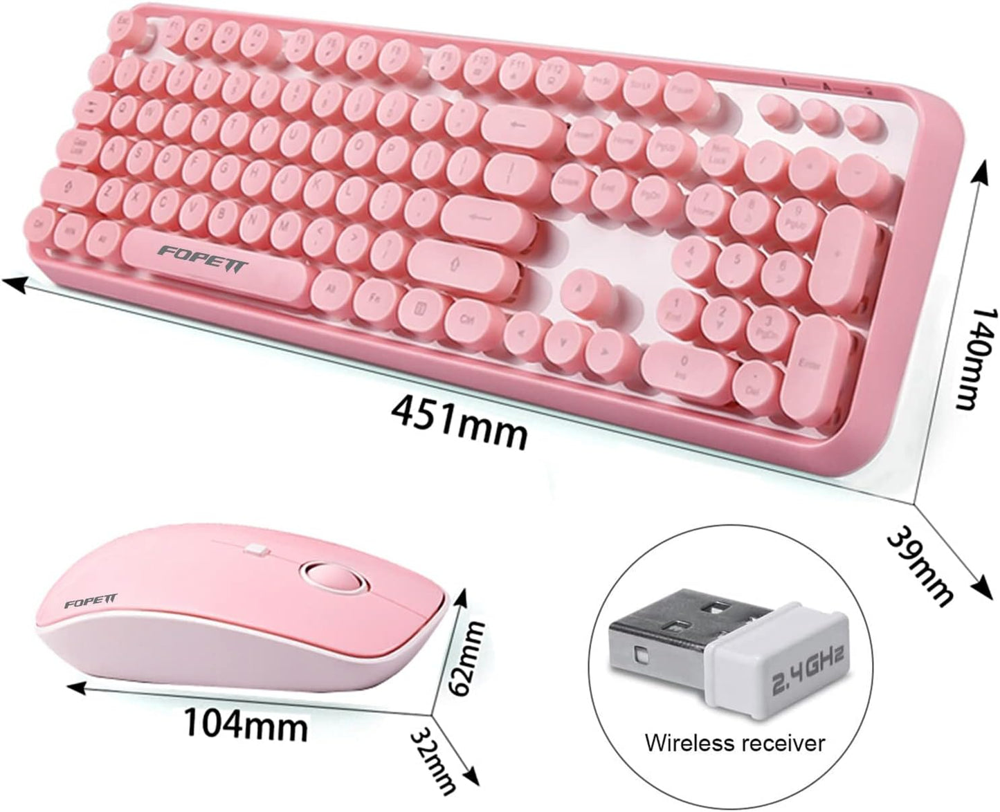 FOPETT Wireless Keyboard and Mouse Combo, 104 Keys Full-Sized 2.4 GHz Round Keycap Colorful Keyboards, USB Receiver Plug and Play, for Windows, Mac, PC, Laptop, Desktop (Pink)