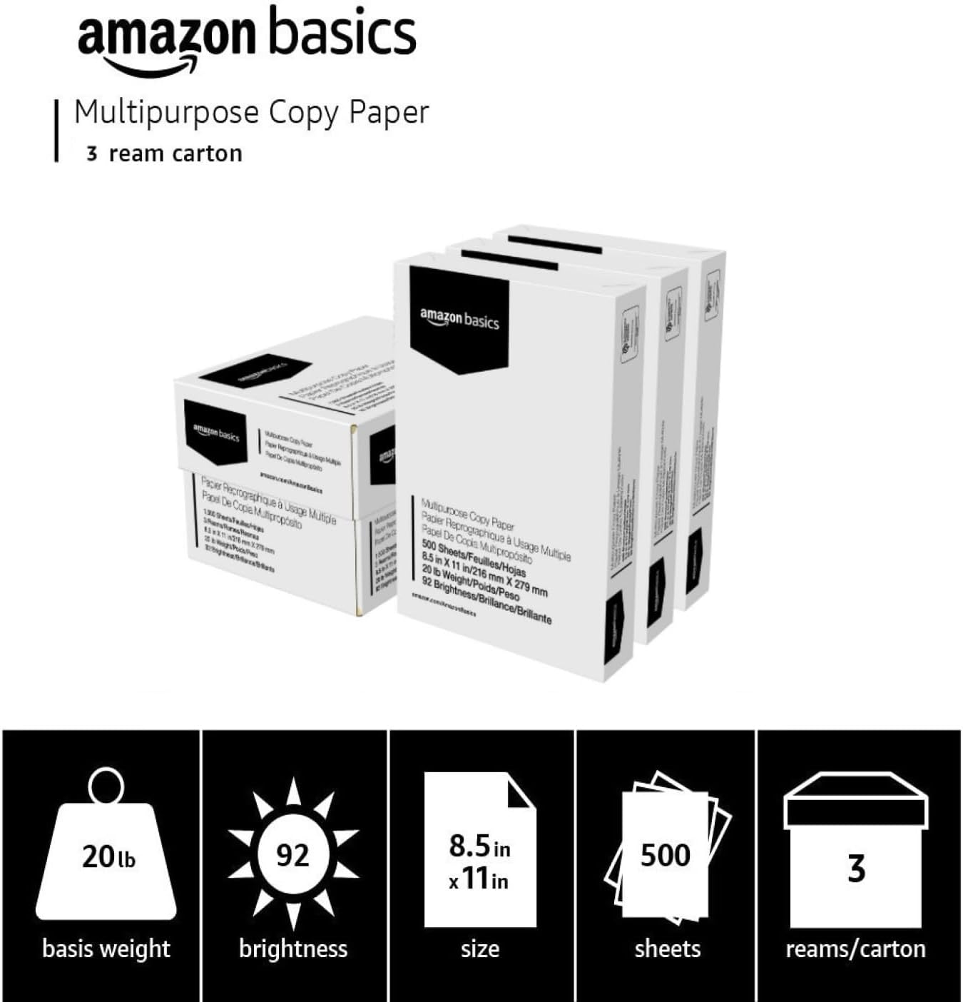 Amazon Basics Multipurpose Copy Printer Paper, 20 lb, 8.5 x 11 Inches, 3 Reams (1,500 Sheets), 92 Bright, White