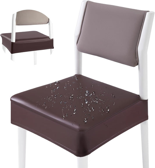 CWK Waterproof PU Leather Dining Chair Covers Set of 4-Stretchable Chair Seat Slipcovers, Removable & Washable Protector for Dining Room,Home,Office,Wedding,Rear Covers (PU-Coffee)