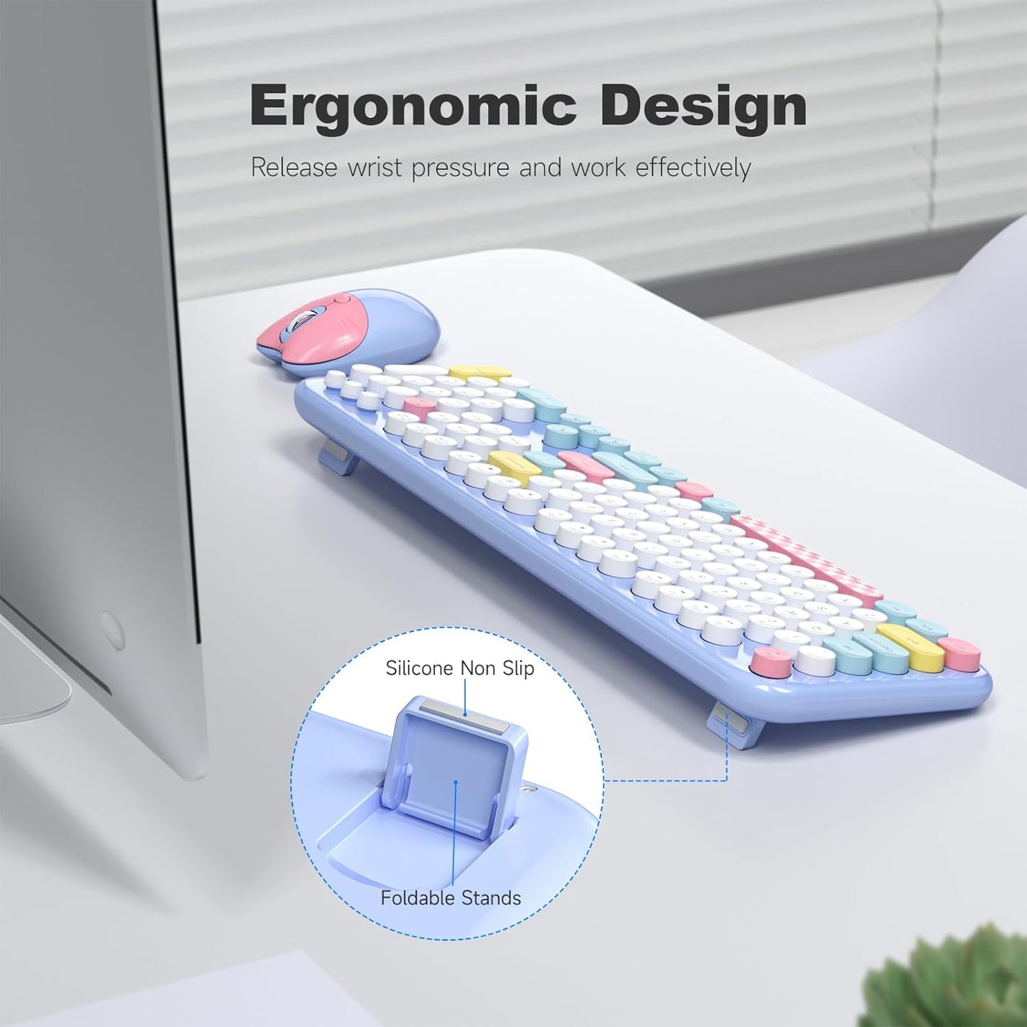 Wireless Keyboard and Mouse Combo for Windows, MOWUX 2.4G Full-Sized External Cordless Computer Keyboard, Compact Mouse, 8 Multimedia and Shortcut Keys, for PC, Laptop - Light Blue Colorful