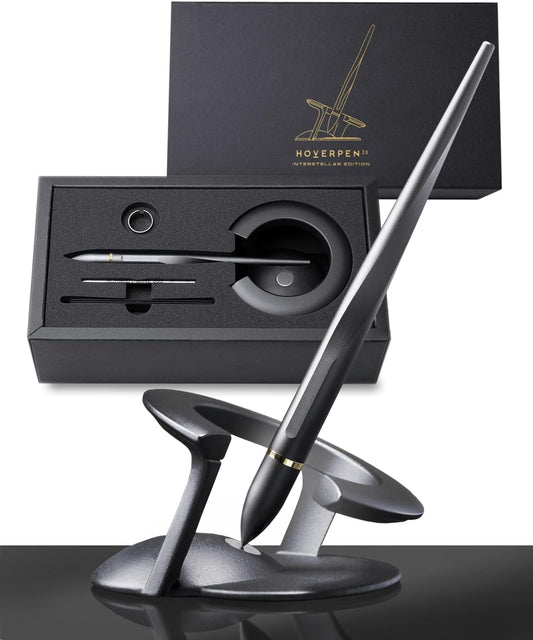 novium Hoverpen Interstellar - Space Black, Ballpoint Pen, 18K Gold-plated Pen Ring, 23.5 Degree Angle, Schmidt Ballpoint Refill, No Spills, No Spotting, No Explosions