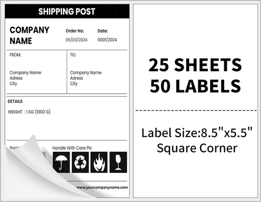 25 Sheets 50Labels Half Sheet Self Adhesive Shipping Labels for Laser Inkjet Printers, 8.5Inch x 5.5Inch(2-up)