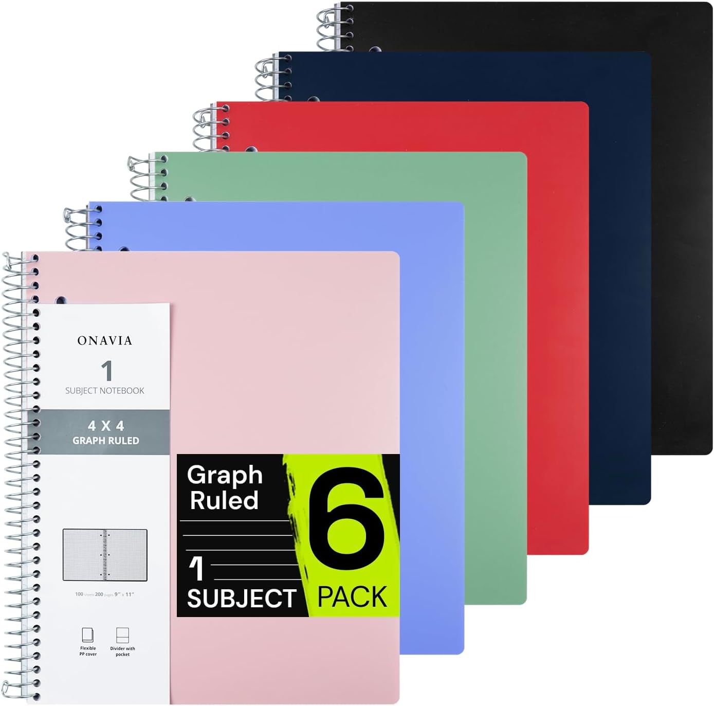 Spiral Notebook for School 6 Pack, 1 Subject, 4x4 Graph Ruled Paper, 100 Sheets, 9" x 11", 1 Divider with Pocket, 3 Hole Punched, Plastic Cover, 1/4" Grid Note Book Bulk, Assorted Colors