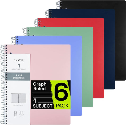 Spiral Notebook for School 6 Pack, 1 Subject, 4x4 Graph Ruled Paper, 100 Sheets, 9" x 11", 1 Divider with Pocket, 3 Hole Punched, Plastic Cover, 1/4" Grid Note Book Bulk, Assorted Colors