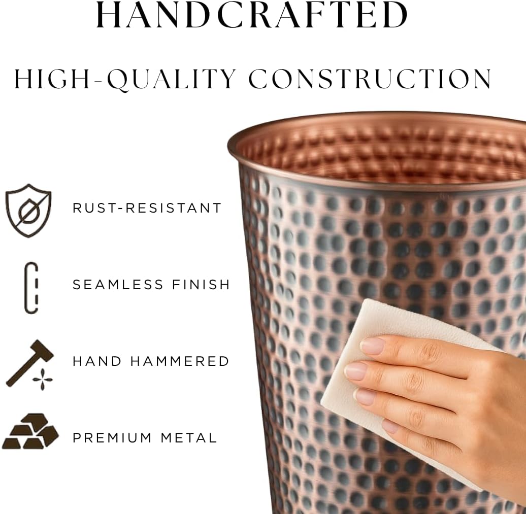 Monarch Abode Copper Hand Hammered Metal Wastebasket for Home Office Bedroom, Decorative Waste Basket, Modern Bathroom Garbage Can, Durable & Decorative Trash Bin, Antique Copper Bathroom Trash Can