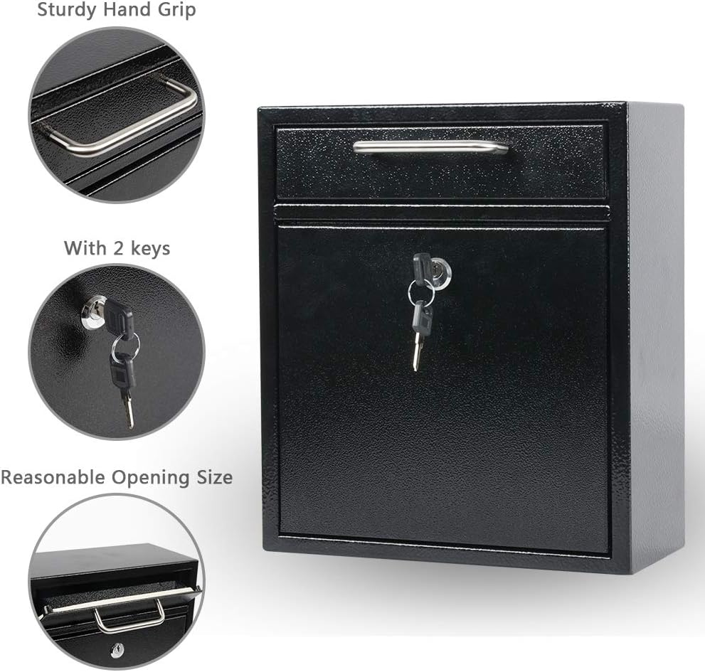KYODOLED Steel Key Lock Mail Boxes for Outside, Locking Wall Mount Mailbox, Security Key Drop Box,12H x 10.51L x 4.68W Inches, Black Large