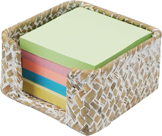 Sticky Note Holder Seagrass Post It Note Dispenser, 3 x 3 Inch Woven Sticky Note Dispenser, Farmhouse Post It Holder for Desk Home Office Decor, Whitewash