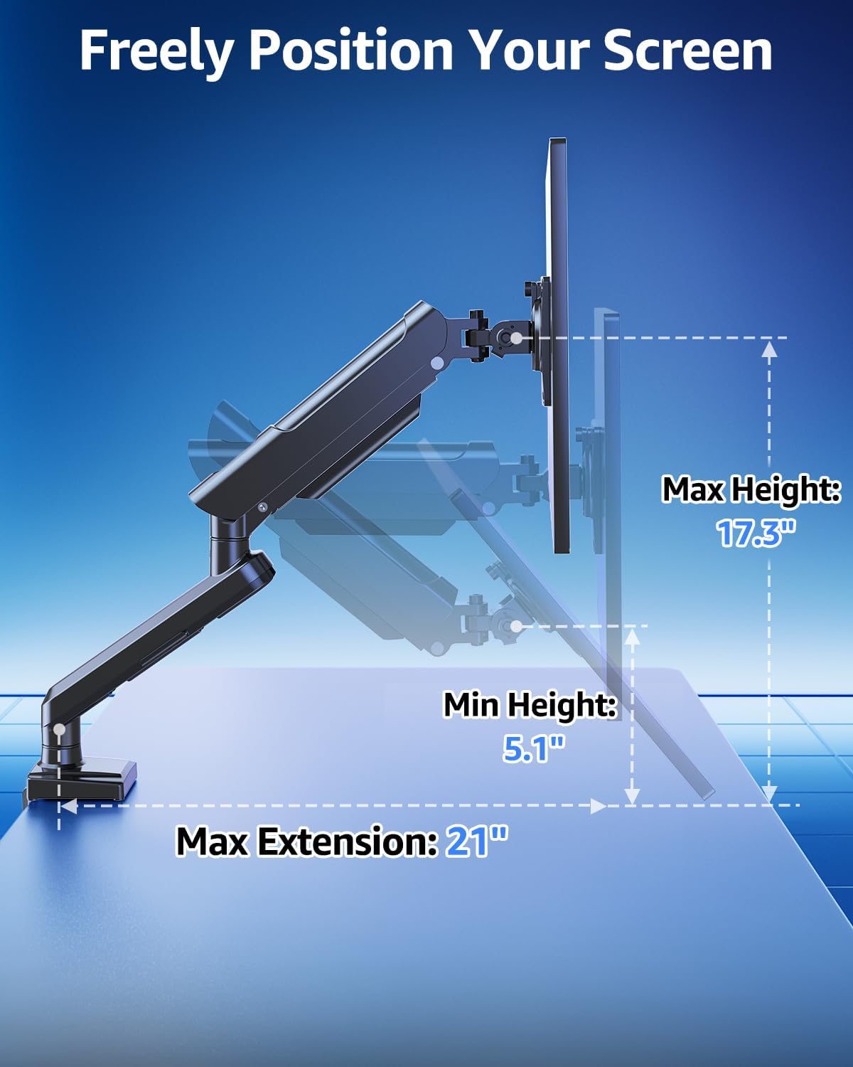 Single Monitor Mount for 22 24 27 32 inch Screen, Gas Spring Arm Holds 4.4-22 lbs, Monitor Desk Mount, Gaming & Home Office Use, VESA 75x75mm & 100x100mm, Freelift Pro Black