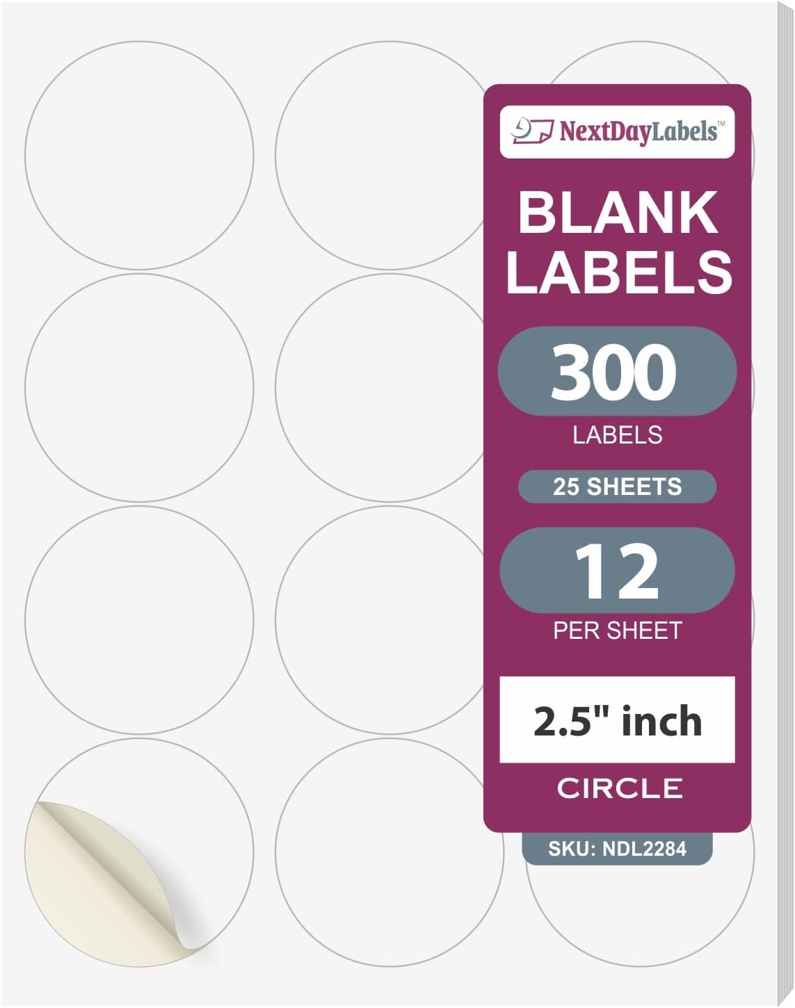 NextDayLabels - Laser/Ink Jet White Labels (2-1/2" Round - 12 Per Page | 300 Labels)