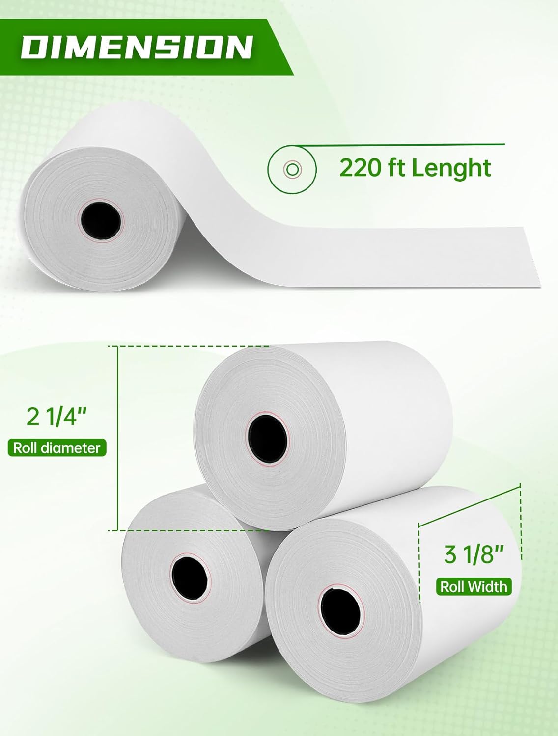 Premium 3 1/8" x 220' Thermal Paper Receipt Rolls, BPA-Free, Pack of 50, Compatible with POS, Credit Card Terminals, Receipt Printers, Universal Fit