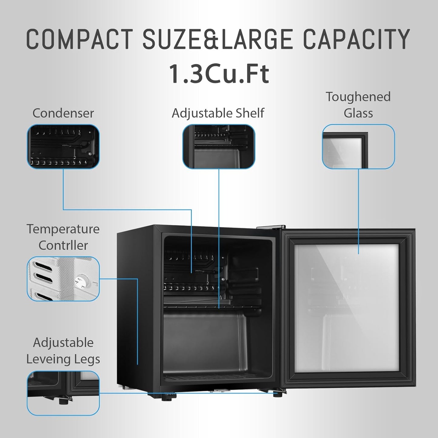 Beverage Refrigerator, 1.3 Cu.Ft, Mini Fridge with Glass Door for Soda Beer, Freestanding Beverage Cooler for Office, Bar, Adjustable Shelving&Adjustable Foot