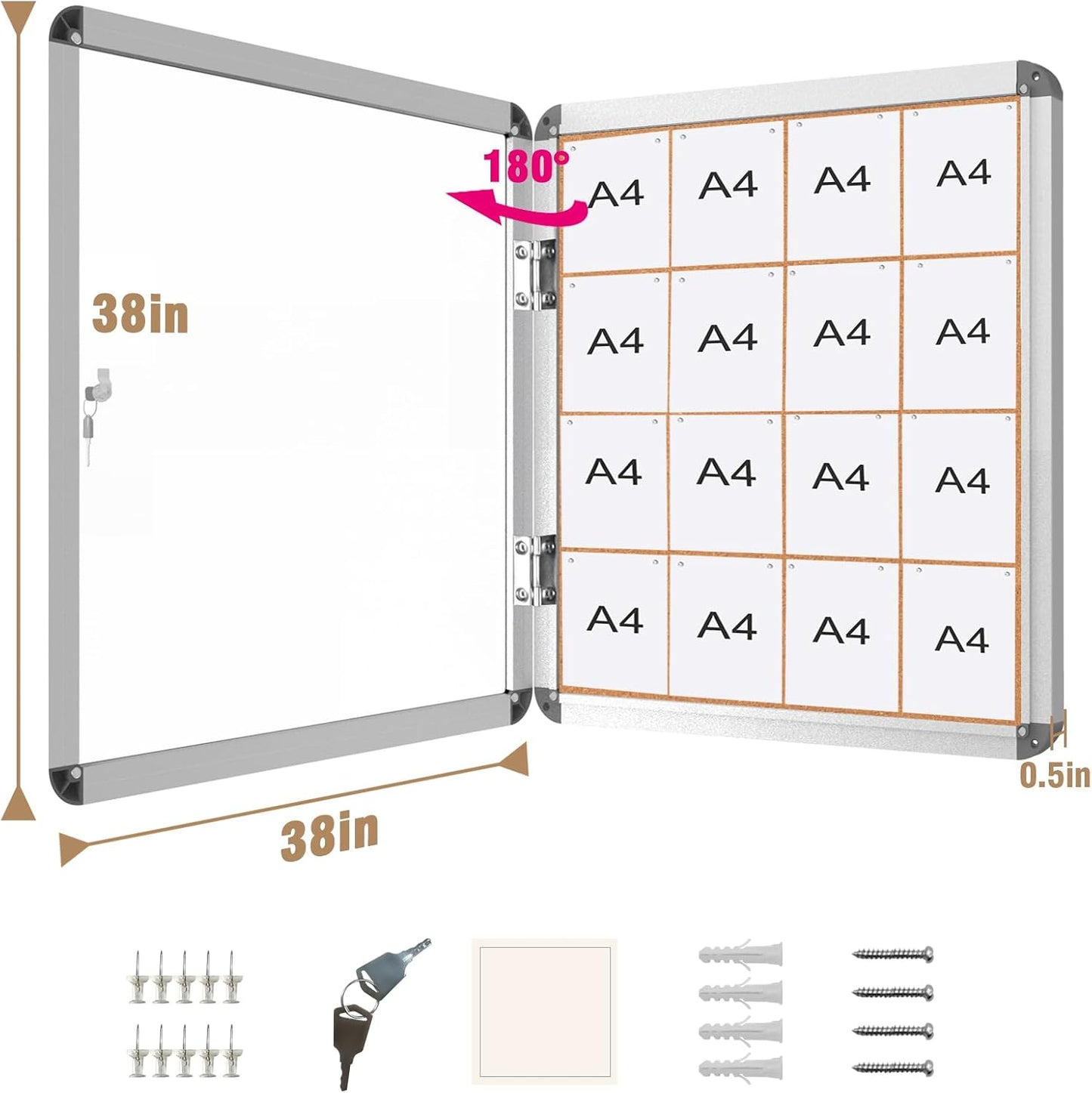 38"x38" Enclosed Bulletin Board, Lockable Weather-Resistant Aluminum Cork Noticeboard for School & Office, Silver Frame w/Cork