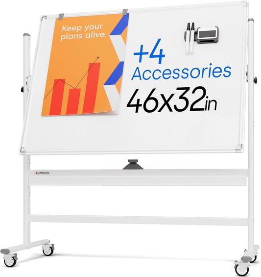 Rolling Dry Erase Board 46 x 32 - Large Portable Magnetic Whiteboard with Stand - Double Sided Easel Style with Wheels - Mobile Standing Whiteboard for Office, Classroom & Home