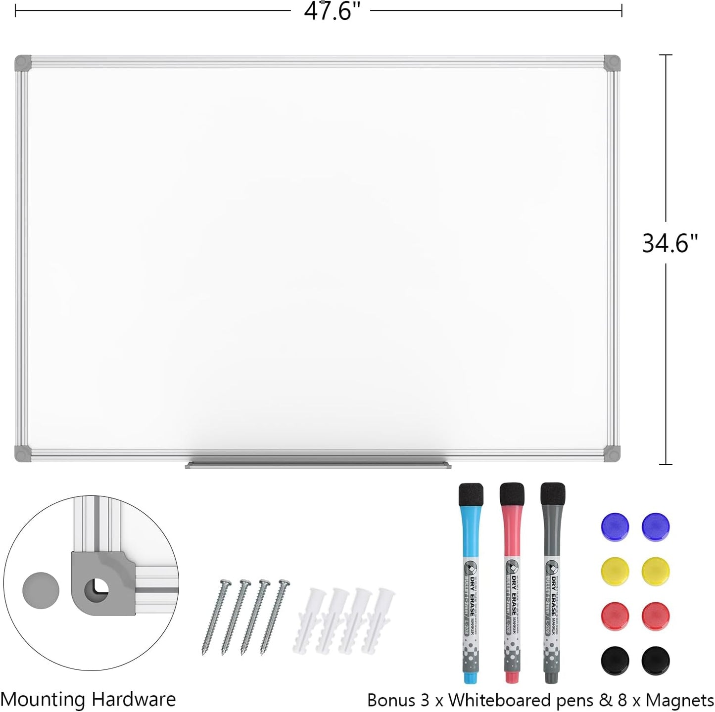 Lockways White Board Dry Erase Board 48 x 36 Inch, Magnetic Whiteboard 4 x 3, Silver Aluminium Frame, Set Including 1 Detachable Aluminum Marker Tray, 3 Dry Erase Markers, 8 Magnets