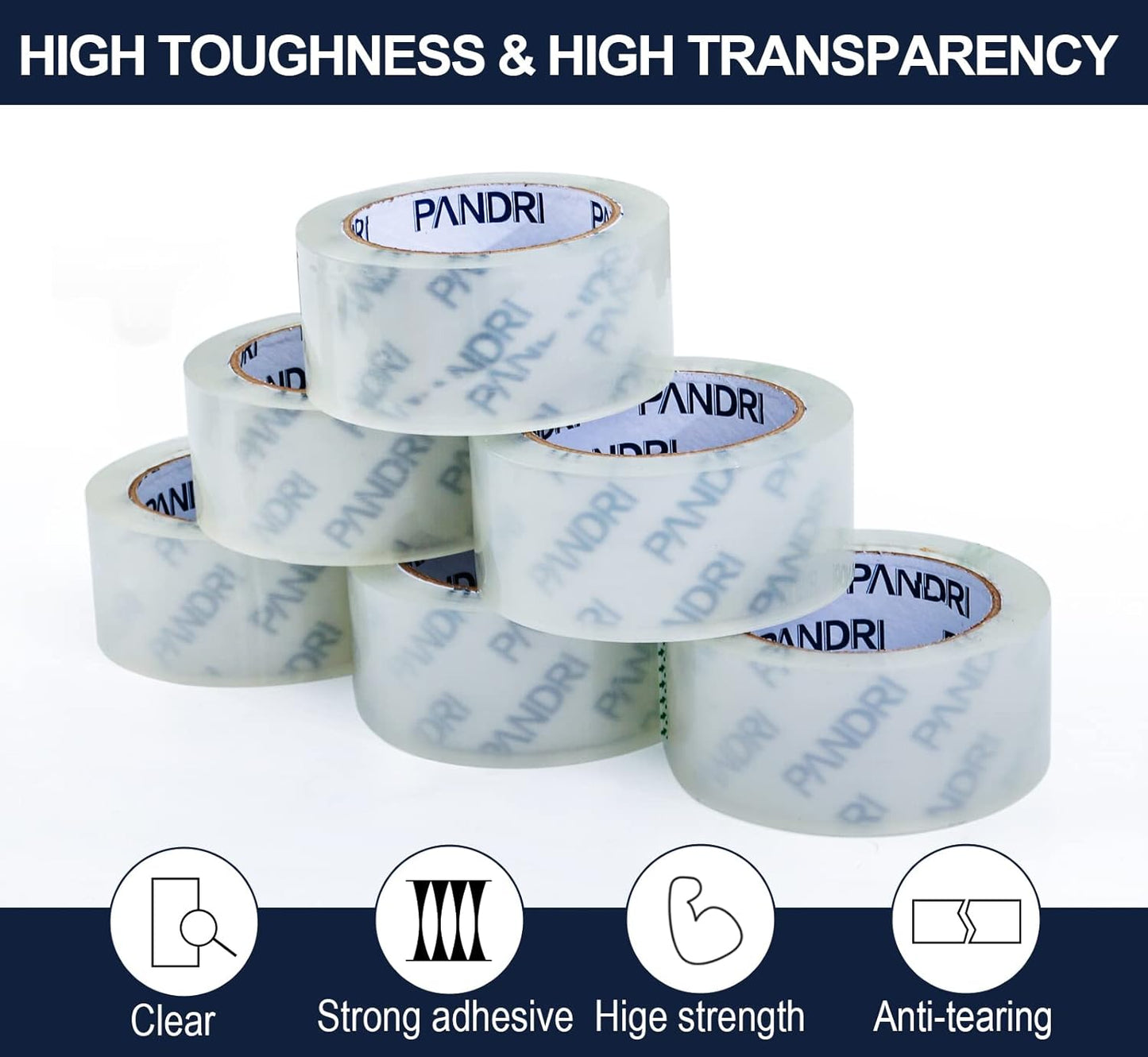 PANDRI Packing Tape, 18 Rolls Heavy Duty Clear Packaging Tape for Shipping Packaging Moving Sealing, 2 inches Wide, 65 Yards Per Roll, Total 1170 Yards