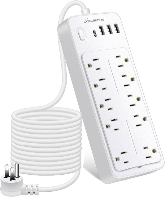 25 FT Power Strip with Surge Protection 1625W/13A, 14 Outlets and 4 USB Ports (1 USB-C), 16AWG, 1700J Flat Plug, White, ETL Listed