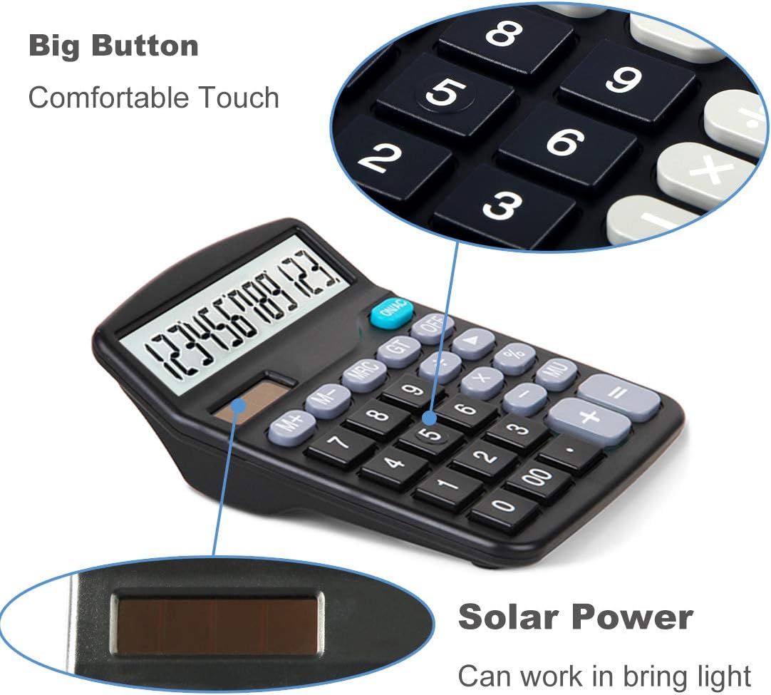 5 Pack Calculators Large Display for Desk, Solar Calculator, Basic 12 Digit Big Button Office Calculator(Black)(AA Battery Included)