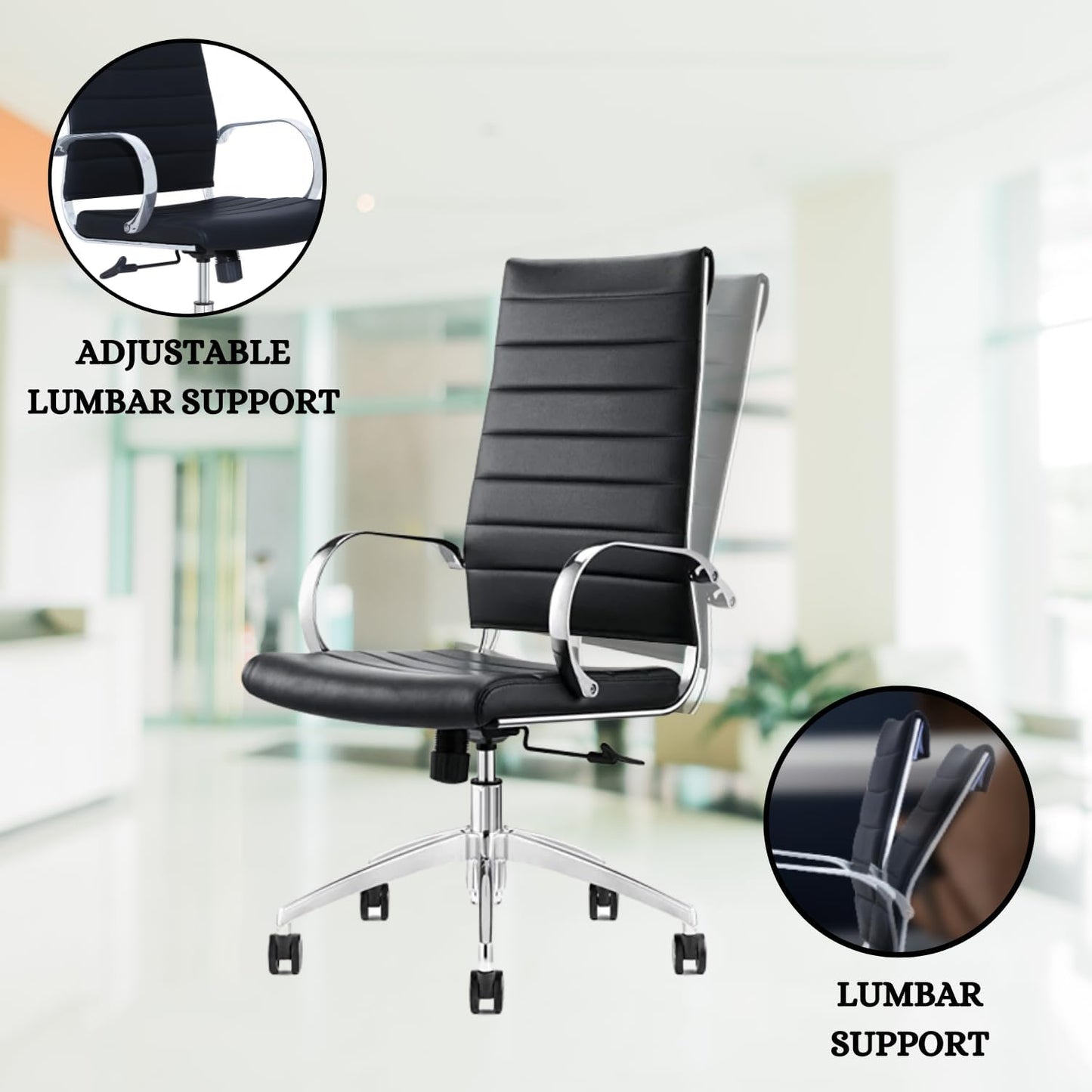Ribbed High Back Conference Room Chairs - Lumbar Support, Modern Style Executive Chair for Home and Office - 360 Swivel Rolling Wheels - Aluminum Chrome Frame & Base - Black (Pack of 8)