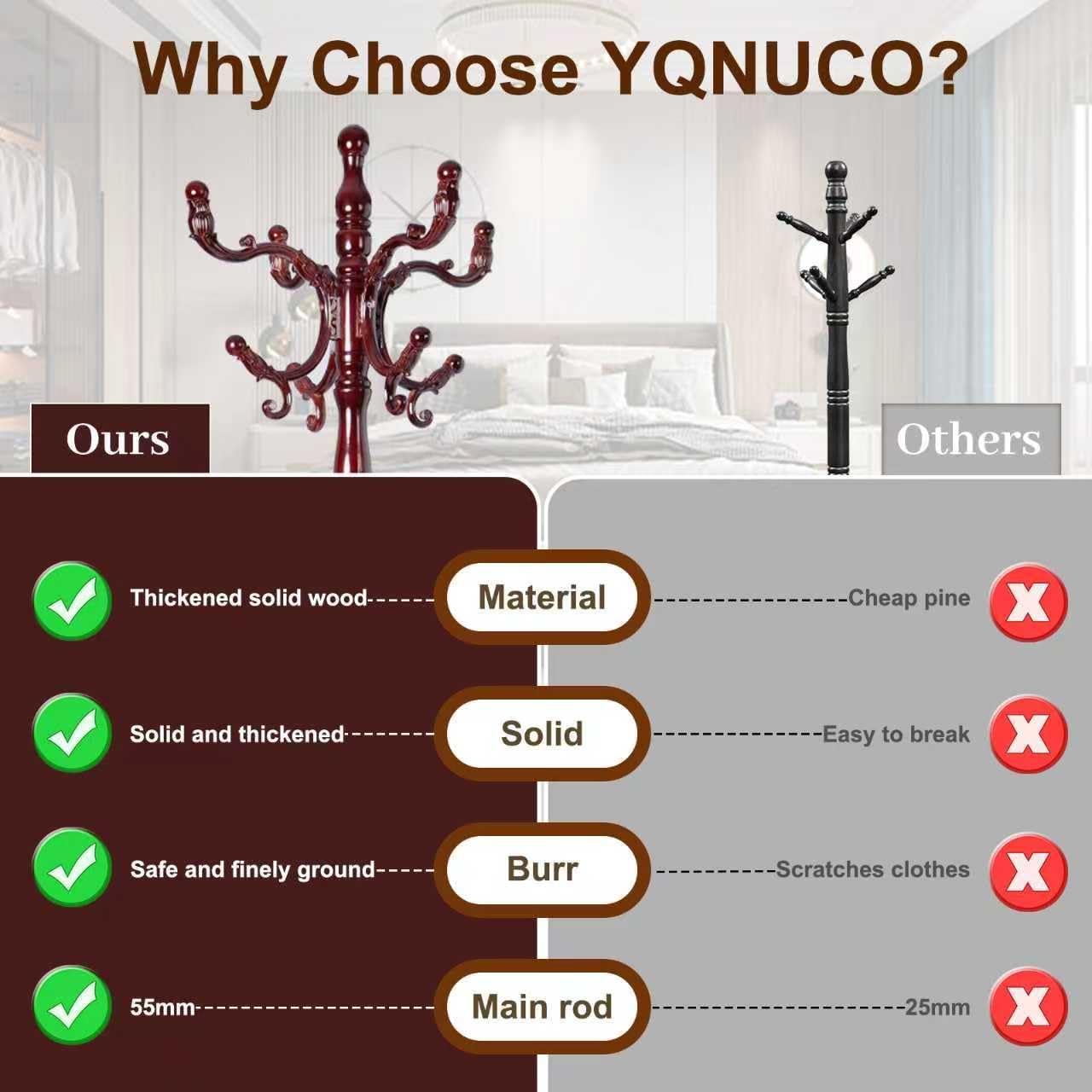 Solid Wood Coat Rack – 73" Freestanding Coat Racks Stand with 14 Hooks & Stable Round Base, Adjustable Height Modern Wooden Hall Tree for Entryway, Bedroom, Office, Home (Mahogany Round)