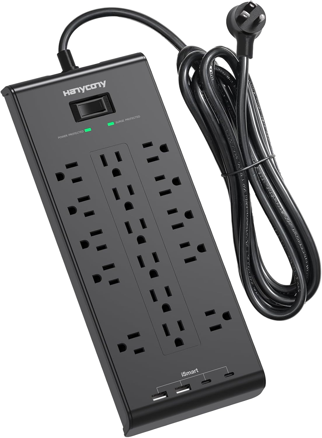 Surge Protector Power Strip, HANYCONY 5 Ft Flat Plug Heavy Duty Extension Cord with 16 Outlets 4 USB Ports(2 USB C), 2700 Joules, Wall Mount for Home Office, ETL Listed, Black