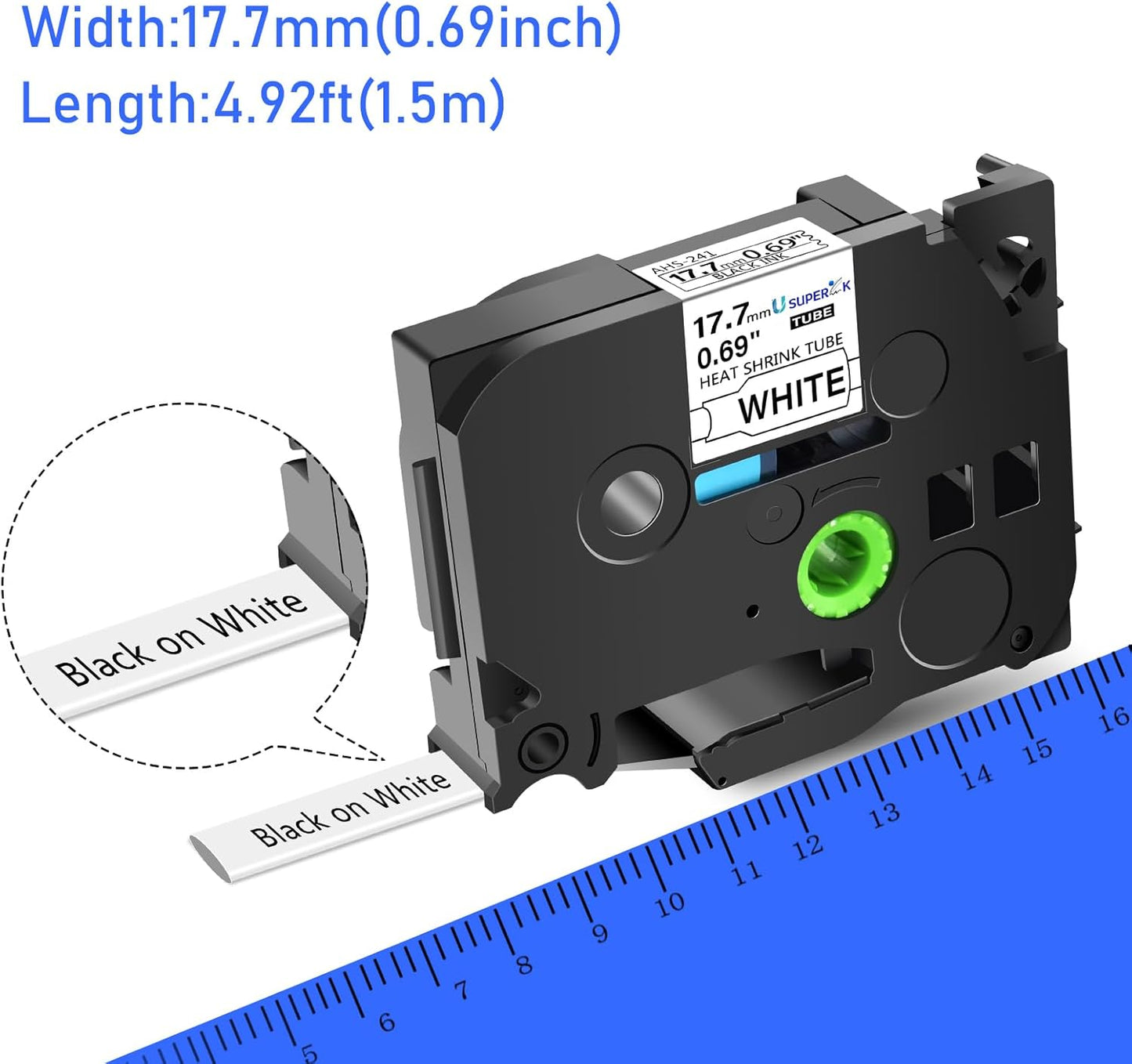 10PK Compatible for Brother Ptouch HSe-241 HSe241 HS-241 HS241 Black on White Heat Shrink Tube Label Tape use in PT-D400 PT-D600 PT-E300 PT-E500 PT-P750WVP Printer (0.69''x 4.92ft)