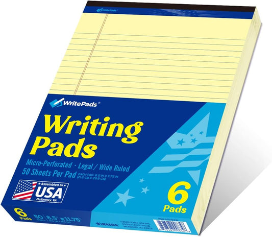 Legal Pads 8.5 x 11,Wide Ruled Note Pads, Canary, 6-Pack, 50 Sheets, Sturdy back, No Bleeding Micro-Perforated Writing Pads for School Office, Made in the USA