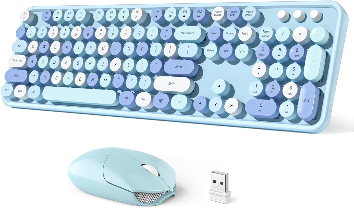 Wireless Keyboard and Mouse Combo, 104 Keys Full-Sized Typewriter Keyboards, 2.4 GHz USB Receiver Plug and Play, for Windows, PC, Laptop, Desktop (Blue Colorful)