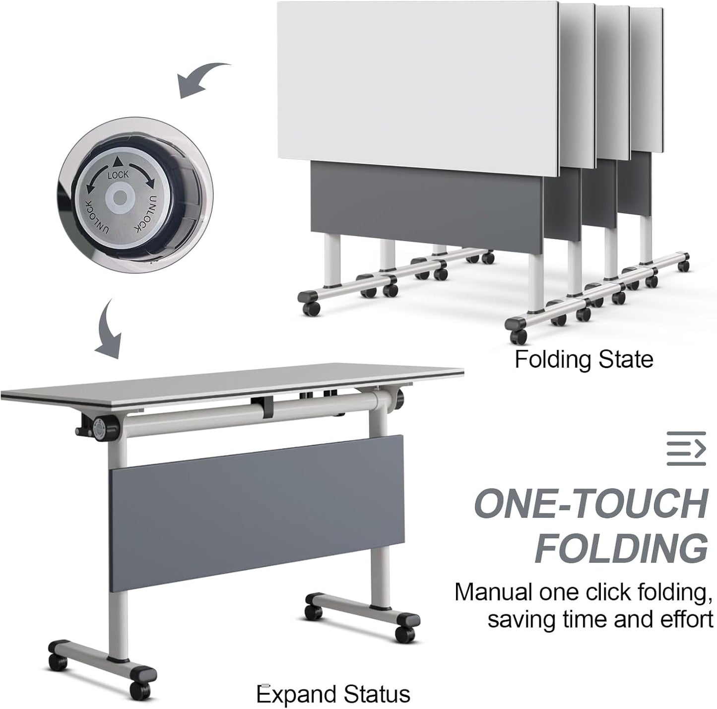 Folding Conference Table, Modern Large Conference Room Tables with Flip-Top Design, Foldable Conference Table Meeting Table with Wheels, Mobile Seminar Training Tables for Office Classroom (8, Gray)