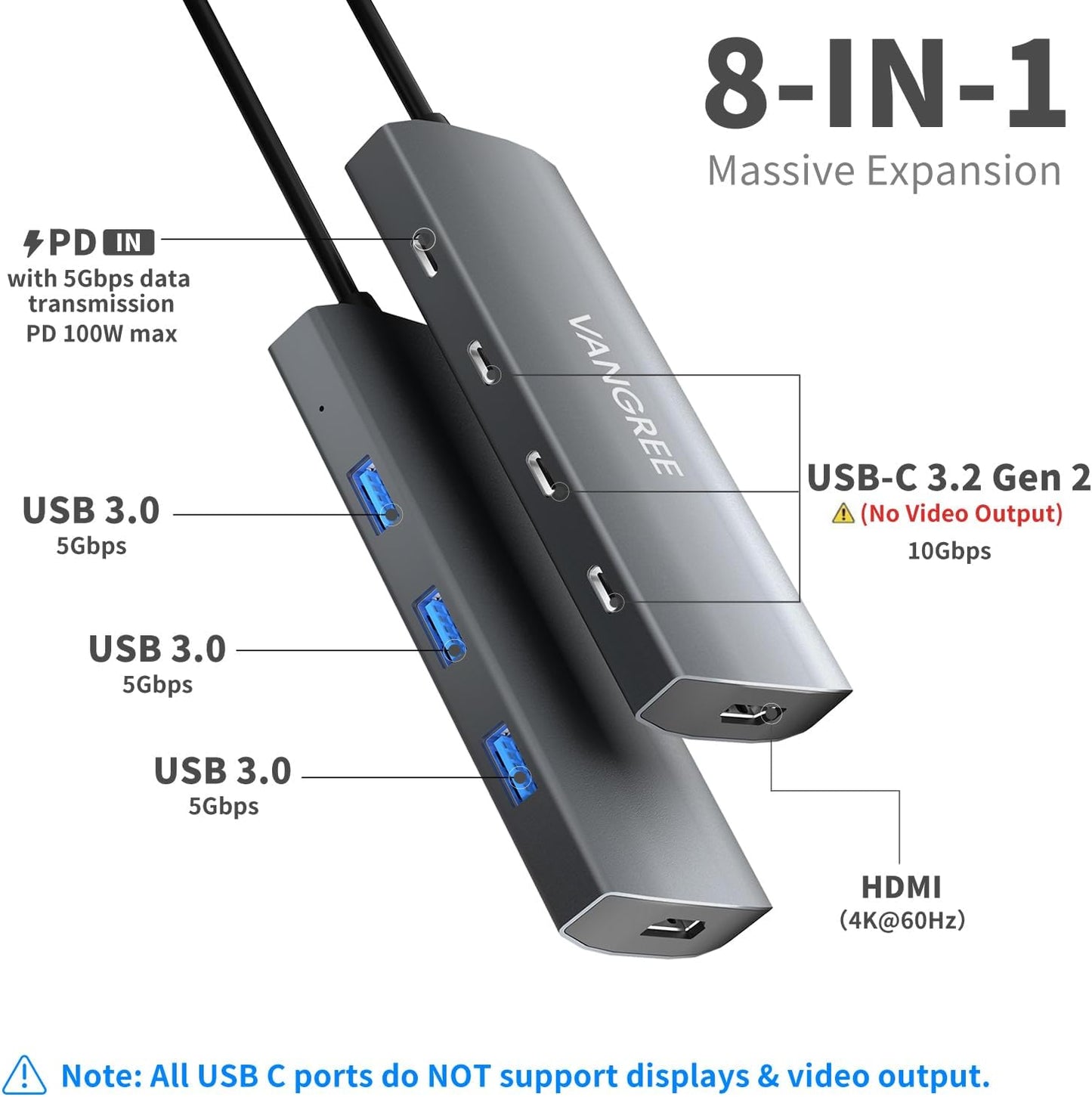VANGREE USB C Hub, 3 USB 3.2 Gen 2 Ports with 10Gbps, 4K@60Hz HDMI, 100W Power Delivery, 3 USB-A 3.0 Ports, USB C Splitter Multiport Adapter Extender for MacBook Pro/Air, iPad Pro, Mac mini and More