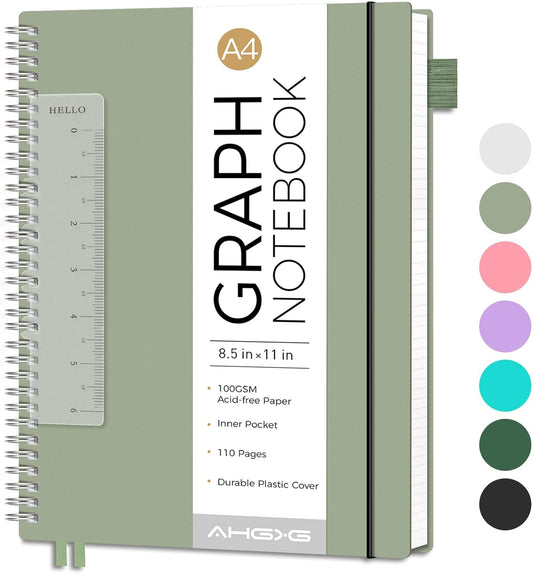 AHGXG Graph Paper Notebook - Spiral Notebook 8.5" x 11", A4 Large Graph Notebook, 100 gsm Thick Grid Paper, Waterproof Plastic Cover Journals for School Writing Engineering Math, Sage Green