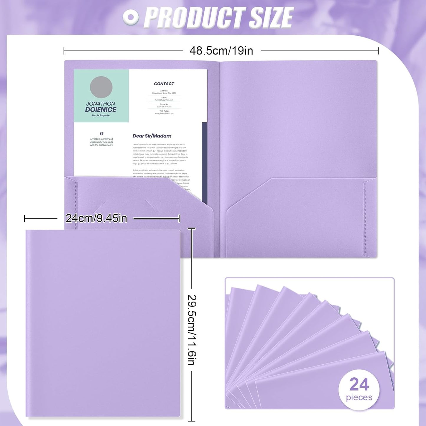 Gueevin 24 Pcs Plastic Folders with Pockets, Back to School Two Pocket Folder Fit Letter Size, Heavy Duty School Business Card Holder for Home Office, 11. 61 x 9. 45 Inches (Light Purple)