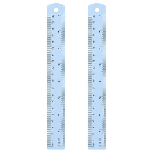 HARFINGTON 2pcs Metal Straight Ruler 20cm Metric SAE Aluminum Alloy Measuring Rulers Scale Tool with Hole for Measure Study Reading Classroom Office, Light Blue