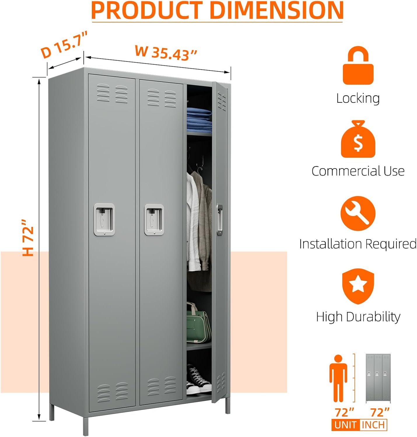 Metal Storage Locker with 3 Doors,Metal Locker for Employees with 9 Hooks for School Garage Office Gym Home,Assembly Required,Light Grey