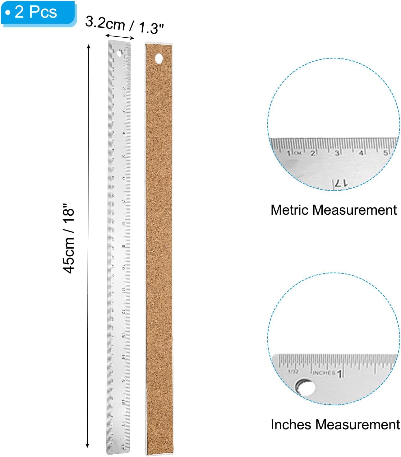 PATIKIL 18 Inch Stainless Steel Ruler Straight Edge Ruler, 2 Pcs Cork Backing Non-Slip Metal Ruler with Inches Centimeter Metric Measuring Tools for Office