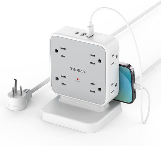 Power Strip Tower Surge Protector, TESSAN 8 AC Outlets with 3 USB (1 USB C Port), 5 FT Flat Plug Extension Cord with 900 Joules Protection, Desk Charging Station for Home Office Supplies, Dorm Room