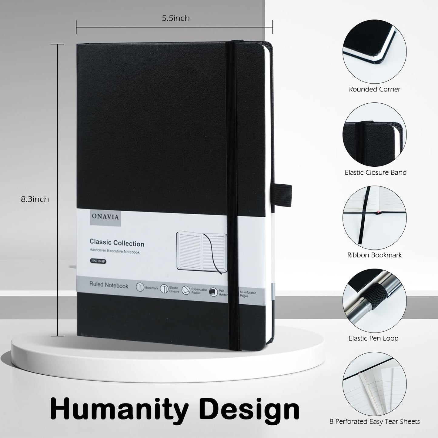 8 Pack Black Lined Journal Notebooks for Work, Travel, College, (A5 Size 100 GSM Thick Paper) - Classic Ruled, Hardcover Notepad for Writing 160 Pages, 5.5 x 8.3 inch, Multipack Journals