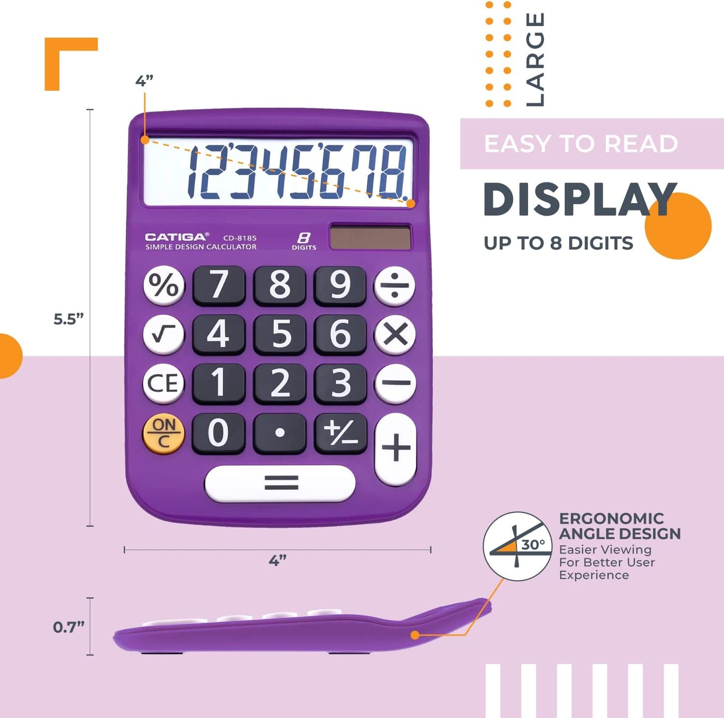 CATIGA Desktop Calculator 8 Digit with Solar Power and Easy to Read LCD Display, Big Buttons, for Home, Office, School, Class and Business, 4 Function Small Basic Calculators for Desk, CD-8185