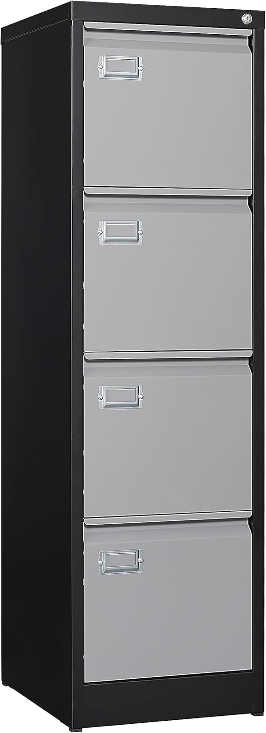 4 Drawer File Cabinet with Lock Metal Vertical Filing Cabinet Office Home Lateral File Cabinet for A4 Legal/Letter Size,Assembly Required (Black Gray, 4 Drawers-Vertical)