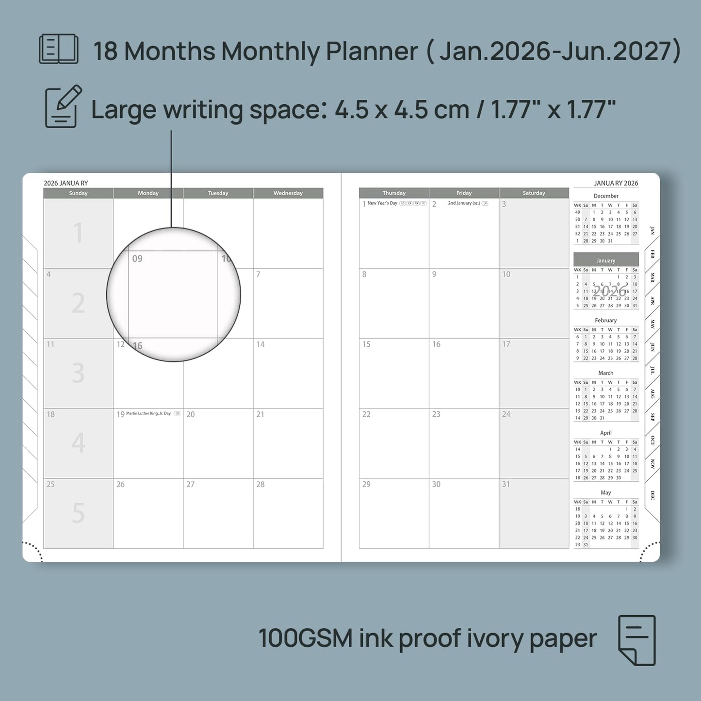 POPRUN Monthly Planner 2026-2027 (Large- 8.5" x 10.5" Soft Cover), 18-Month Calendar Book (Jan.2026 - Jun. 2027), Calendar Planner with Monthly Tabs & Pocket, 100 GSM Paper - Grey
