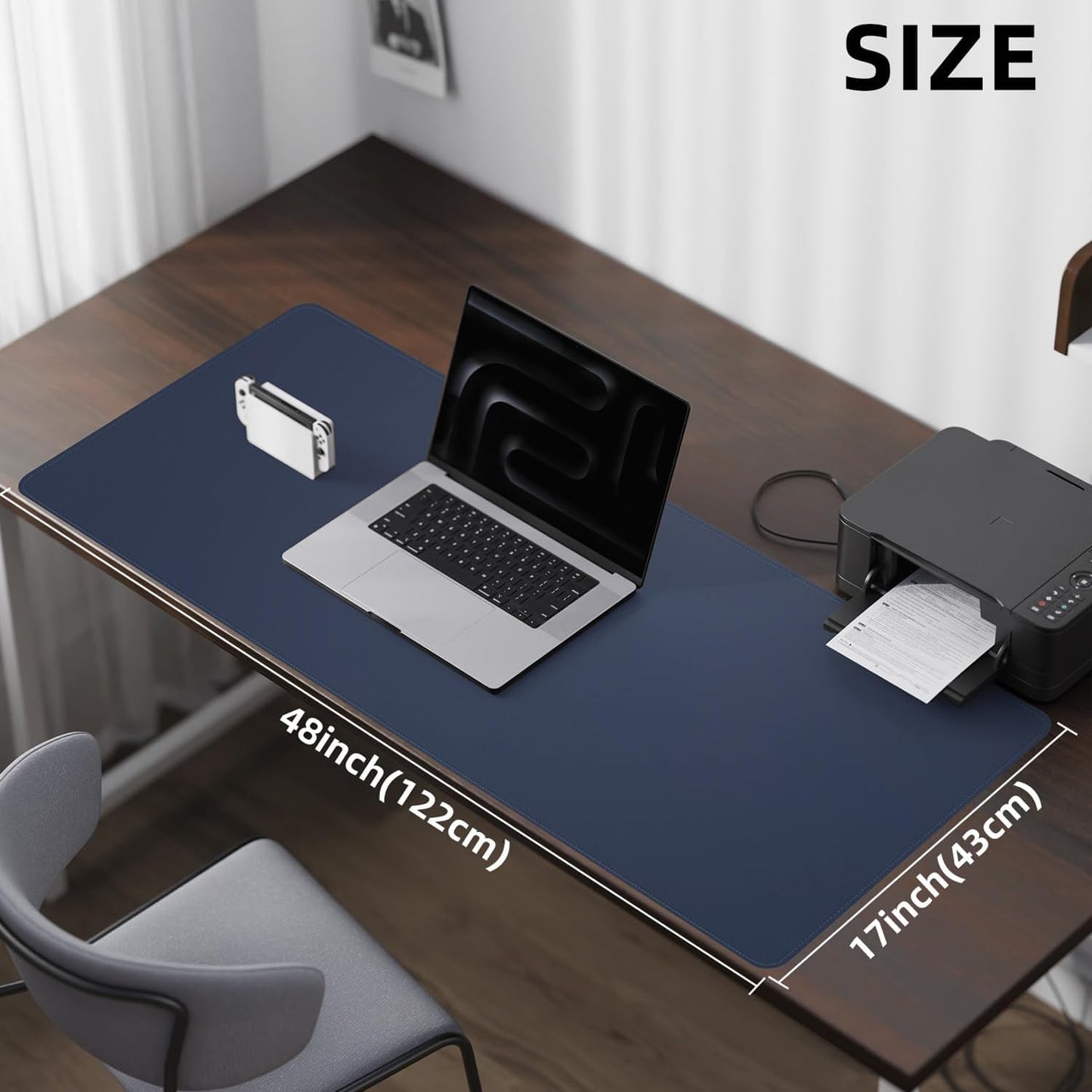 Large Desk Mouse Pad Protector, Stitched Locking Edge Non-Slip PU Leather Desk Mat Laptop Table Pad Blotter, Waterproof Durable Writing Pad for Office and Home (Dark Blue, 120 x 43cm)