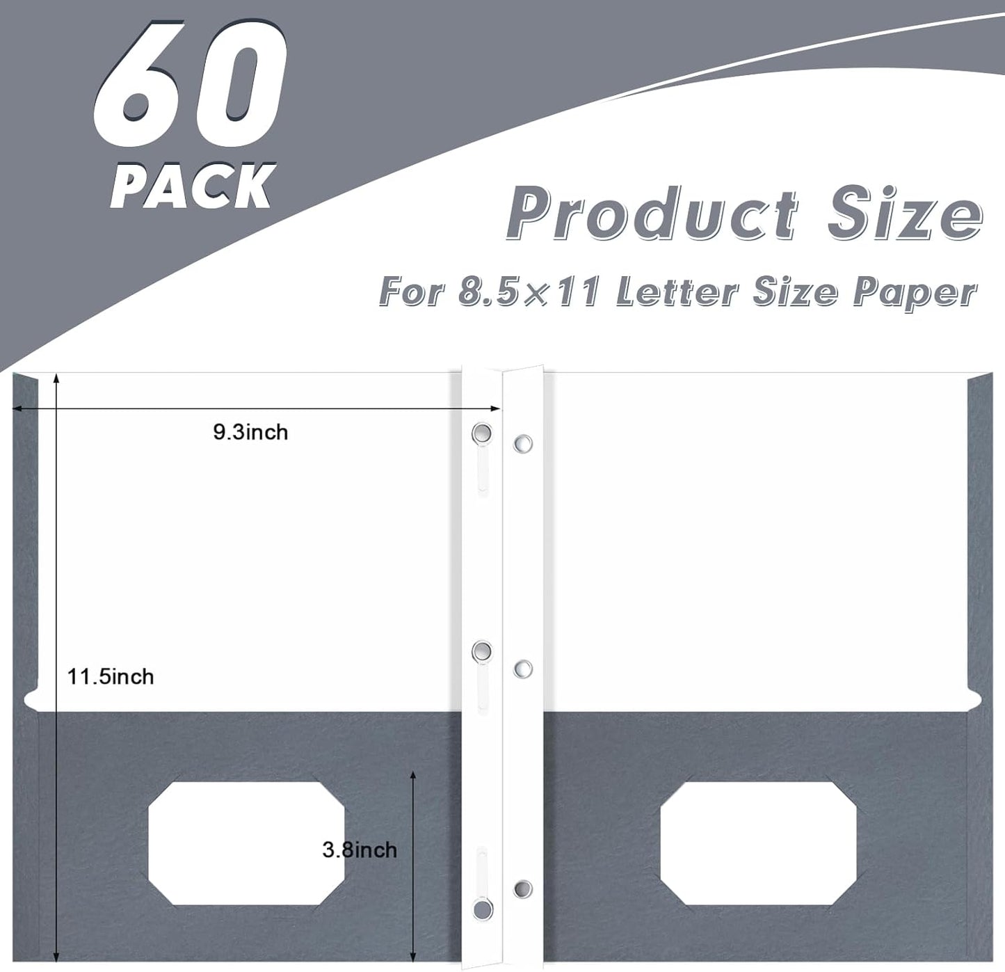 Two Pocket Folders, PANDRI 60 Pack Two Pocket Folders with Prongs, 3 Prong Folders Designed for Office and Classroom, Letter Size Grey