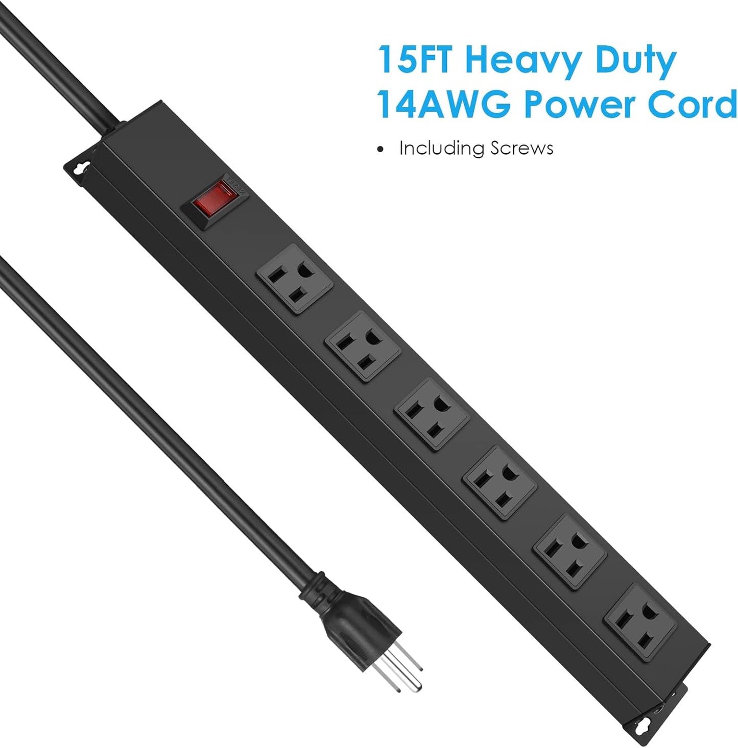 Metal Wall Mount Power Strip, Mountable Power Outlet with 6 AC Outlets, Aluminum Alloy Mount Power Socket with Switch, 15 FT SJT 3/C 14AWG Power Cord, 15A 125V 1875W (6AC) Black