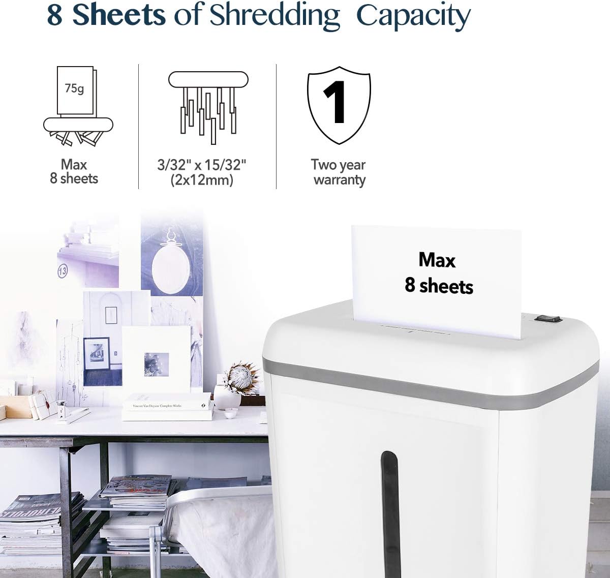 WOLVERINE 8-Sheet Super Micro Cut High Security Level P-5 Ultra Quiet Paper/Credit Card Home Office Shredder with 4.5 gallons Pullout Waste Bin SD9101 (White)