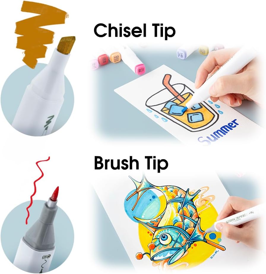 TRANSON Alcohol Markers for Drawing Coloring 48 Colors Dual-tip Chisel and Brush Tips