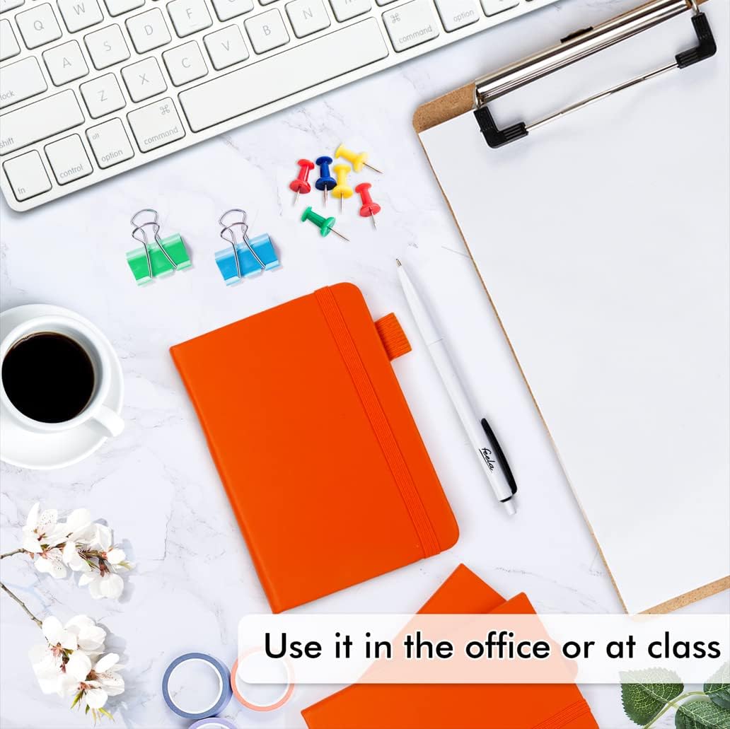 feela 6 Pack Pocket Mini Notebooks Bulk, Small Cute Memo Notepads Hardcover College Ruled Lined Journals with Pen Holder for School Business Work, with 6 Black Pens, 3.5”x 5.5”, A6, Orange