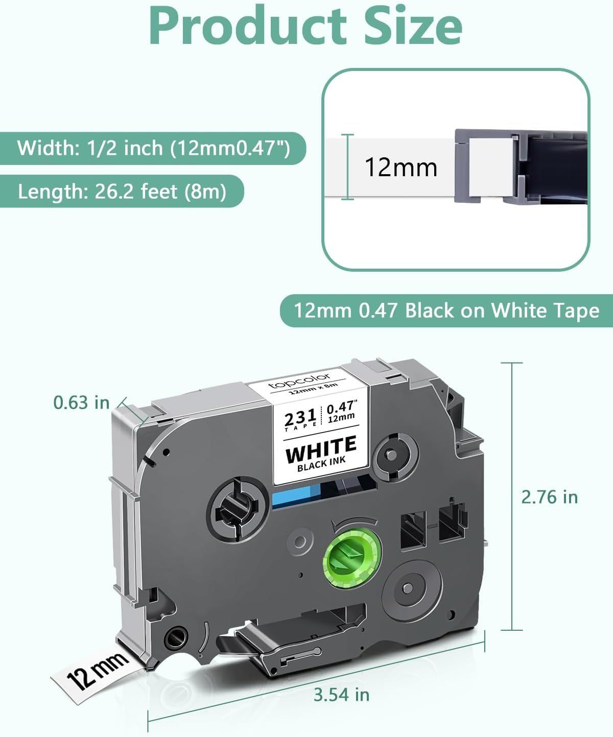 10-Pack 12 mm 0.47" Black on White Compatible for Brother Tze-231 Tz231 P Touch Label Tape 12mm 0.47" Laminated White Tze Tz Tape 1/2" for PT-D210 PT-D202 PT-D220 PTD410 PTD600 PTD400 PT2430
