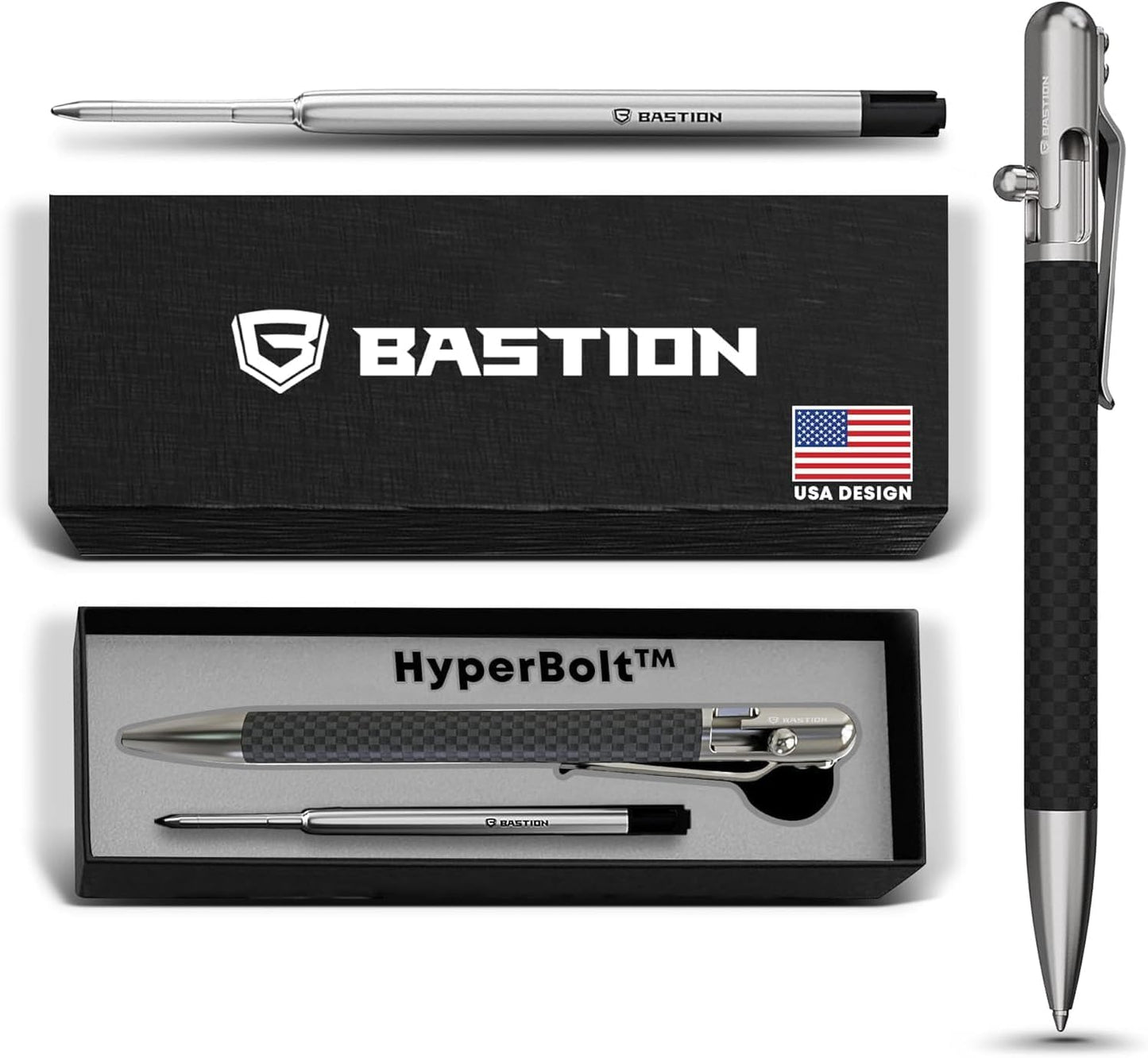 BASTION® Luxury Slim Bolt Action Pen, EDC Pen with Fine Tip, Professional Ballpoint Pen for School and Work - Carbon Fiber-Stainless Steel