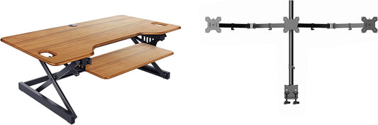 Rocelco 46" Large Height Adjustable Standing Desk Converter with Triple Monitor Mount BUNDLE - Sit Stand Up Computer Workstation Riser - Retractable Keyboard Tray - Teak Wood Grain (R DADRT-46-DM3)