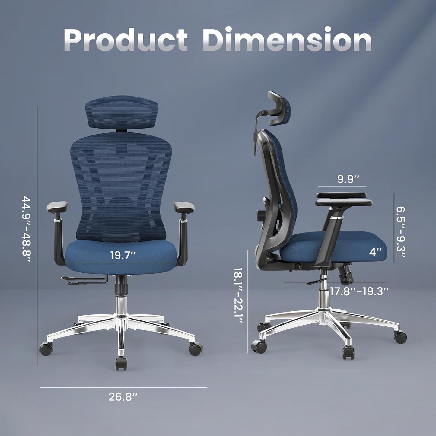 Farini Office Chair Ergonomic Desk Chair, High Back Computer Chair with Wheels, Home Sutdy Chair for Heavy People, Office Chair Adjustable Seat Depth, 3D Armrests and Adjustable Headrest, Blue
