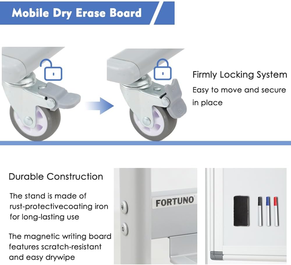 FORTUNO Large Magnetic Mobile Whiteboard 72"x48", Rolling Double Sided Stand Whiteboard on Wheels, Reversible Adjustable Height/Angle Dry Erase Board 6' x 4' Easel White Board for Office Classroom